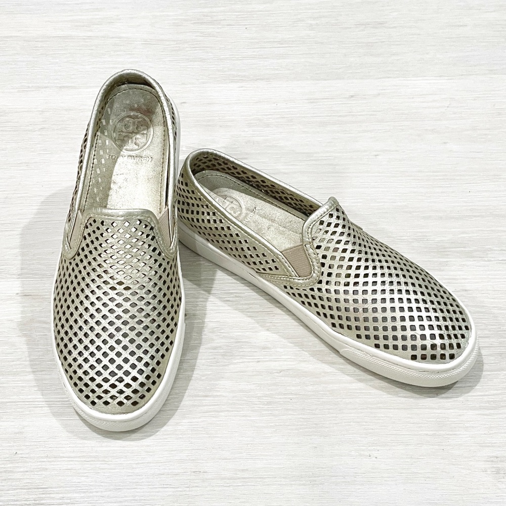 TORY BURCH: Jesse - Gold metallic 'perforated' sneaker. Size 6.